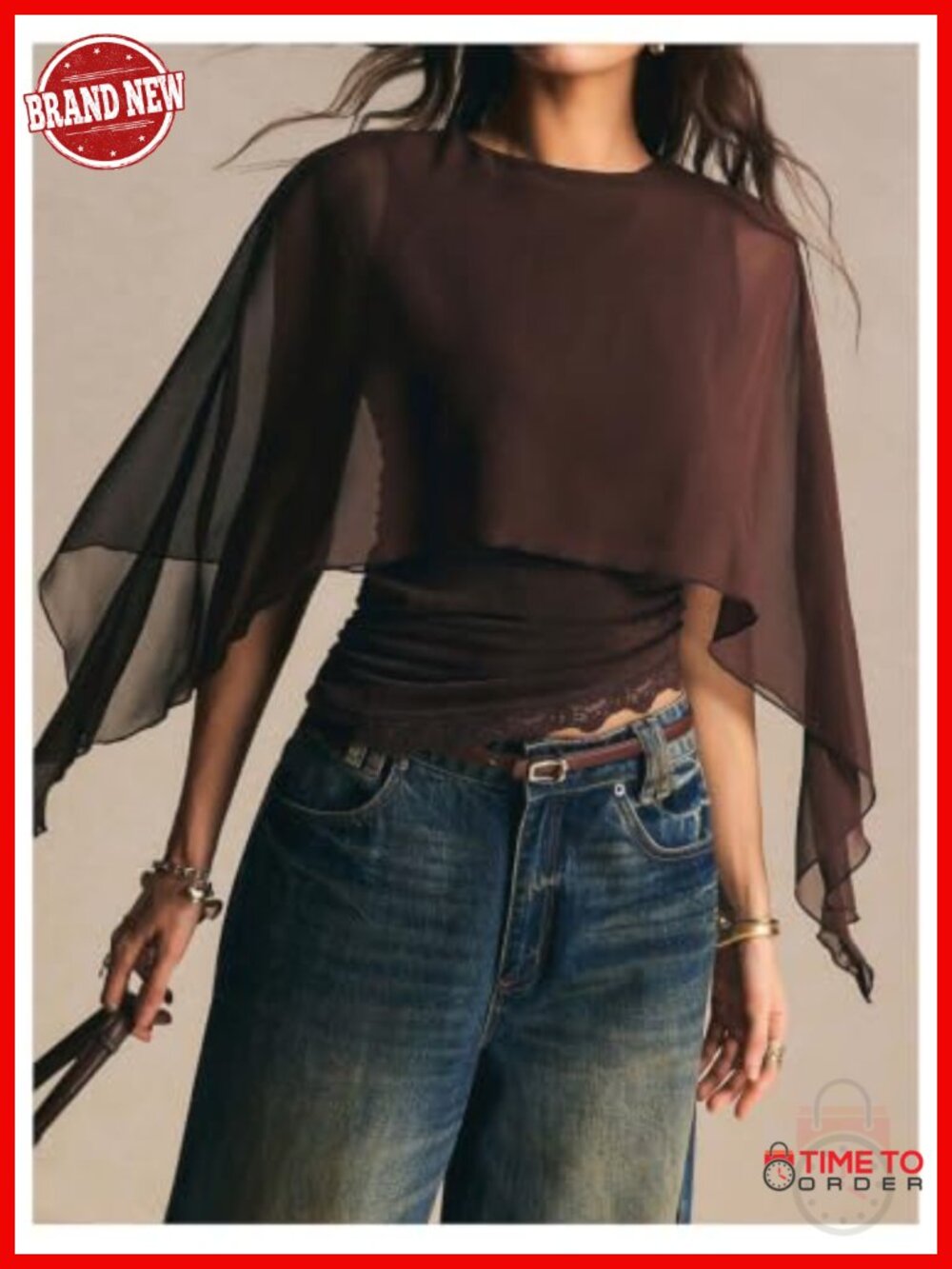 Women's Sheer Chiffon Asymmetrical Blouse 2-in-1 Layered Mesh Top Long Sleeve - Picture 2 of 4